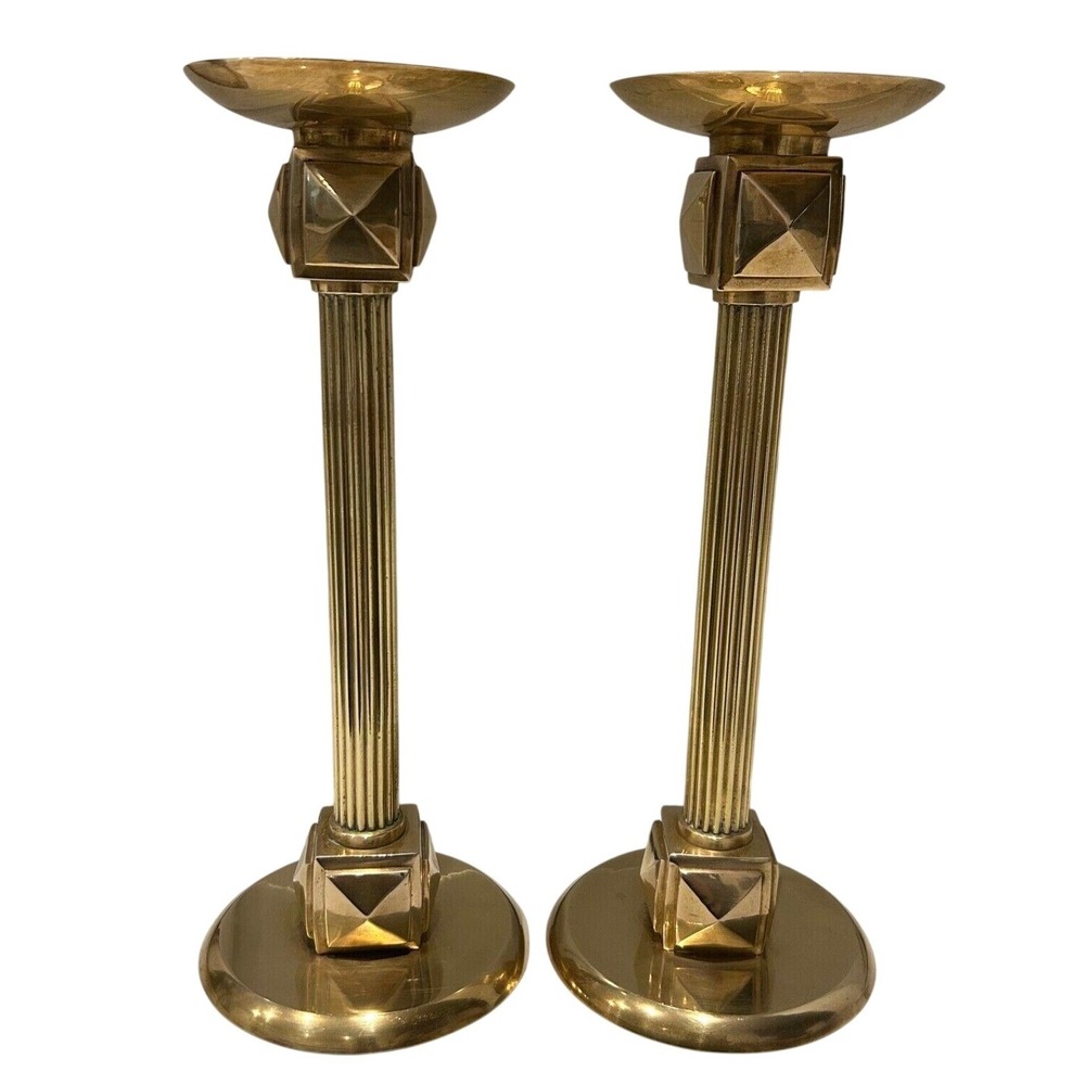 Larry Laslo Towle Brass Candlesticks Pair Fluted Column Postmodern Geometric 80s